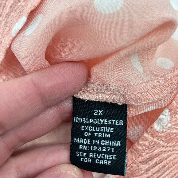 Women's Pink Sheer Polka Dot Button Up Blouse Lace Pockets Mock Collar Coquette - Picture 11 of 12